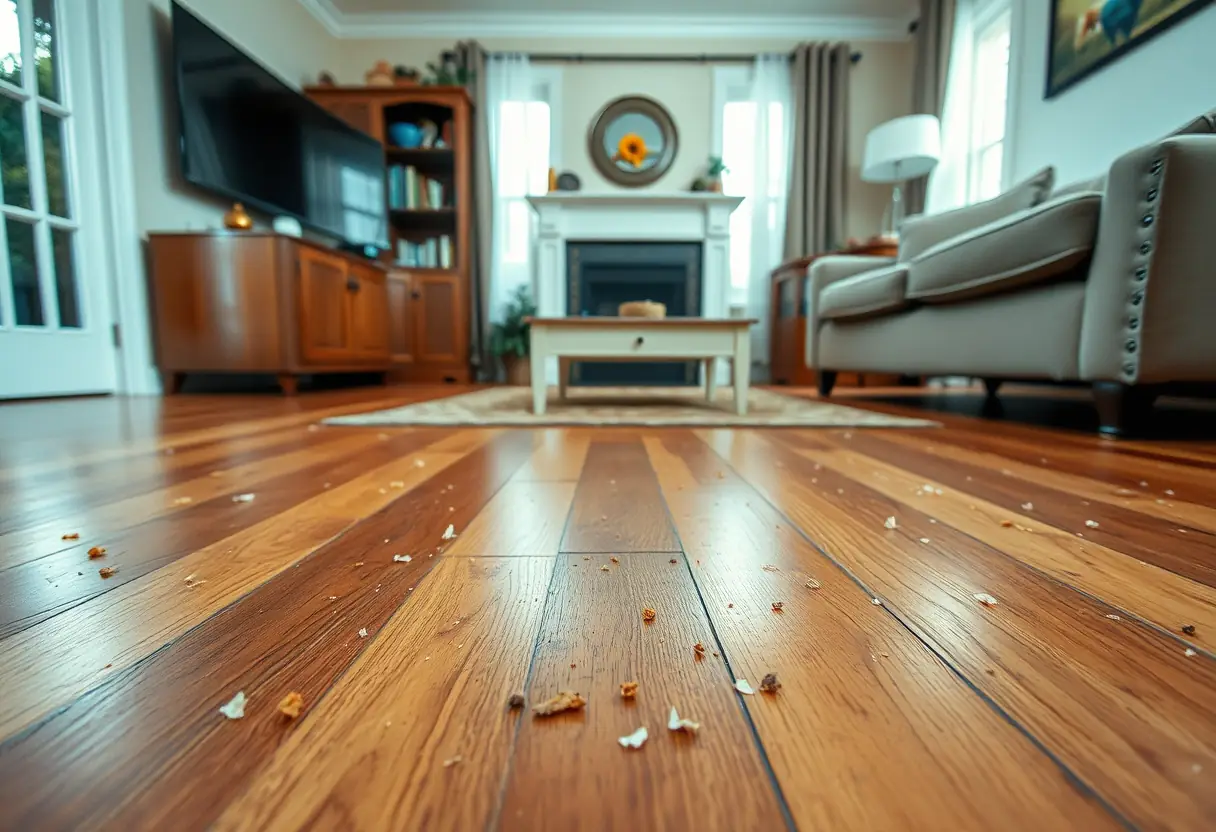 Un plancher en bois dur dans un salon, parsemé de miettes et de petits morceaux de nourriture