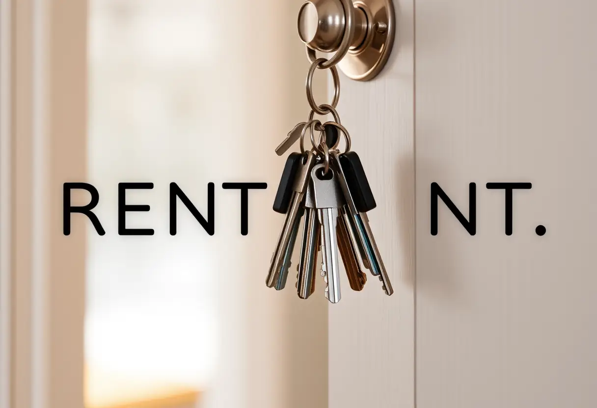 une clé accrochée à un porte-clés près d'une porte, représentant l'accès à un logement pour les locataires potentiels