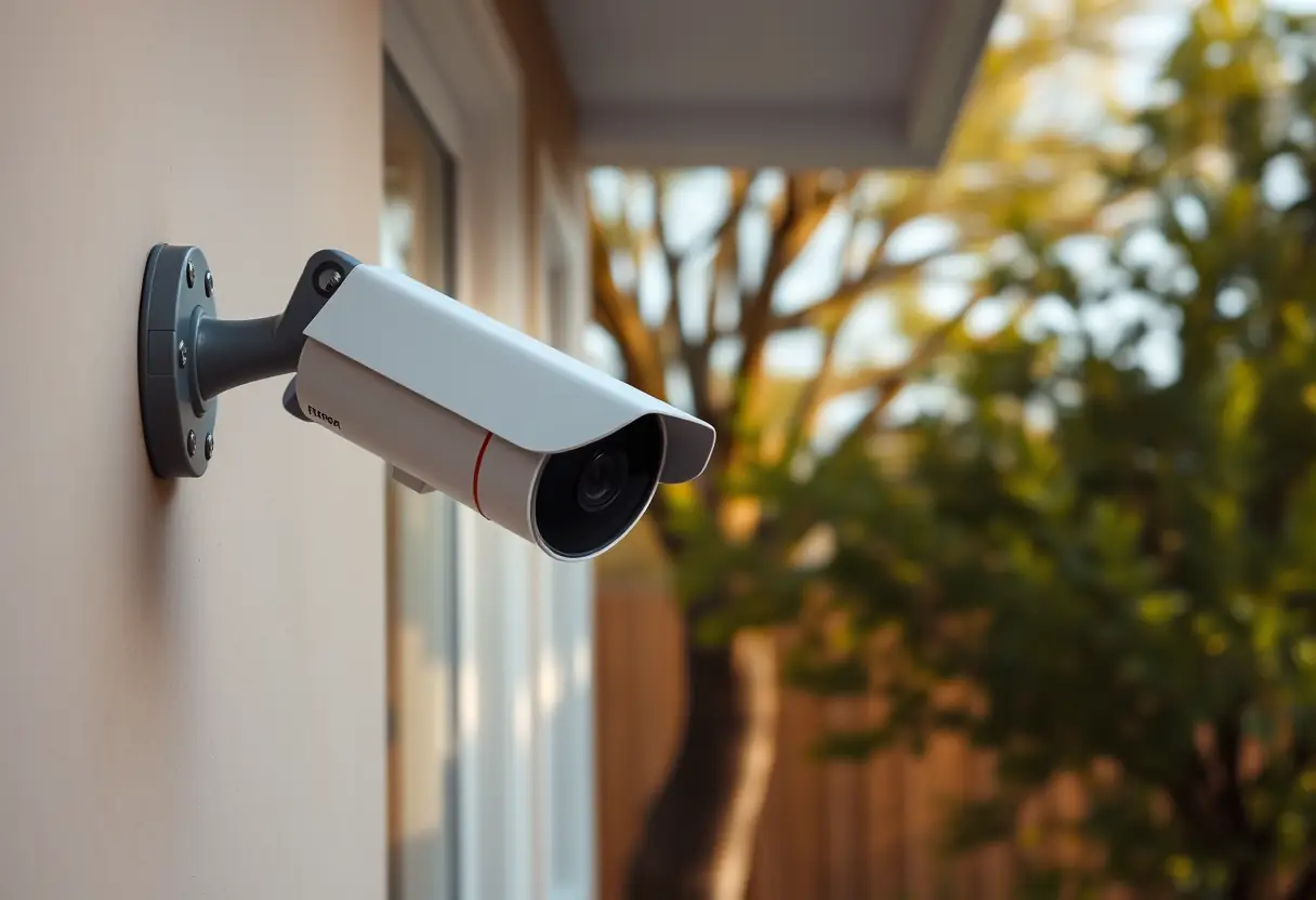 Une caméra de surveillance fixée sur un mur devant une porte d'entrée