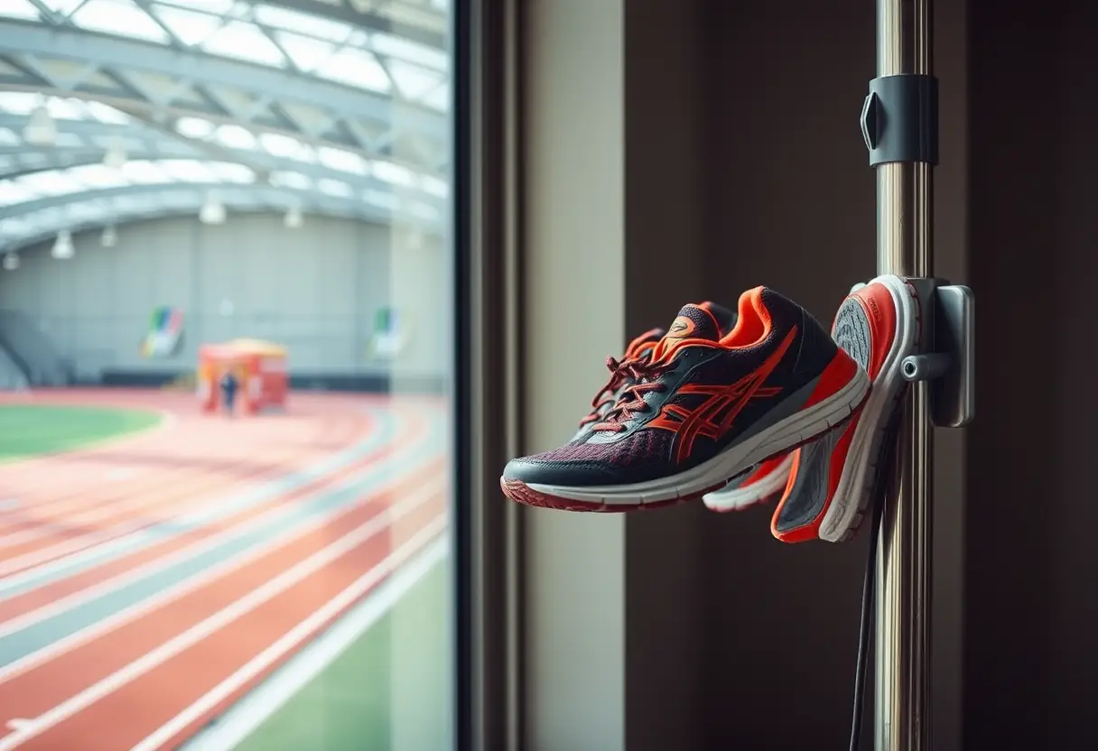 Chaussures de course sèchant près d'une piste intérieure