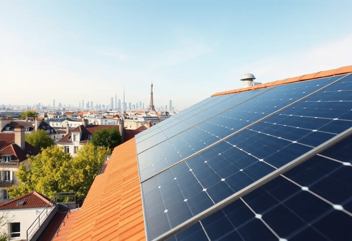 Panneaux solaires sur le toit d'une maison à énergie zéro à Paris