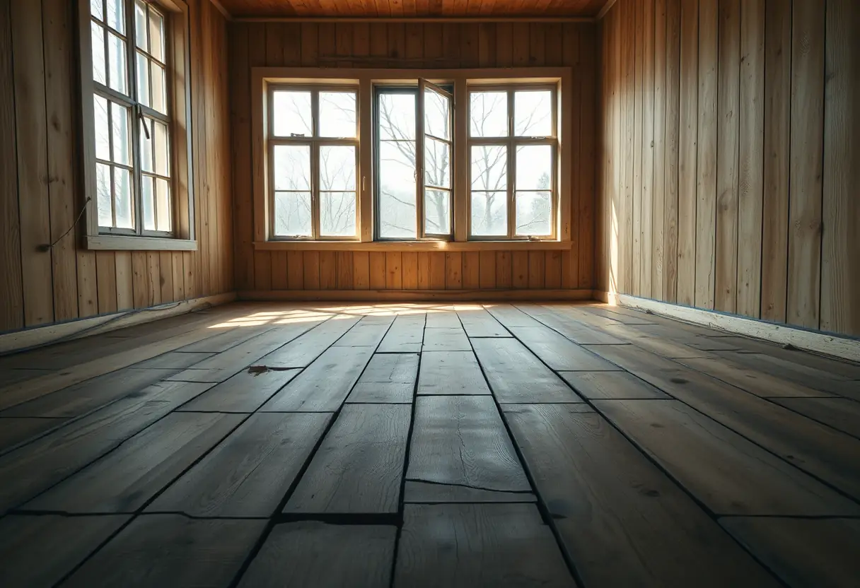 Sol boisé craquelé dans une maison abandonnée