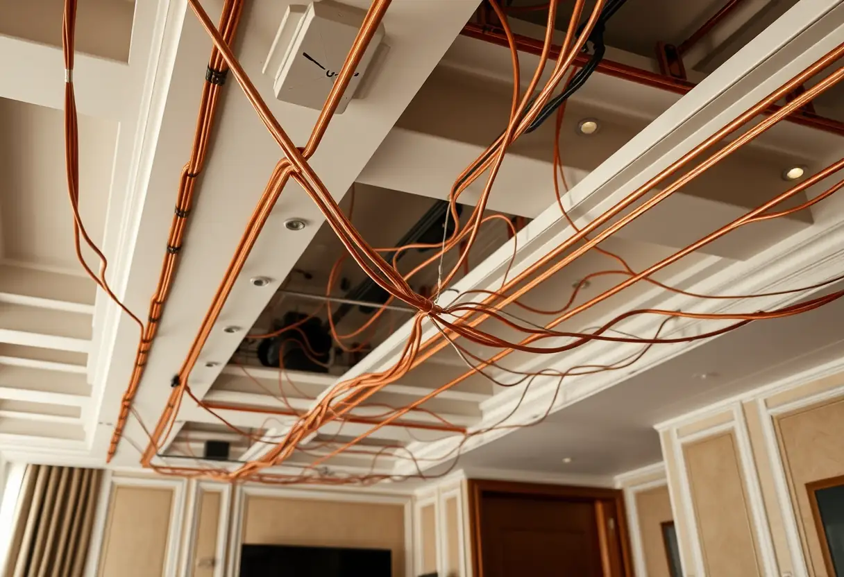 Câbles électriques courant le long des poutres d'une chambre d'hôtel élégante