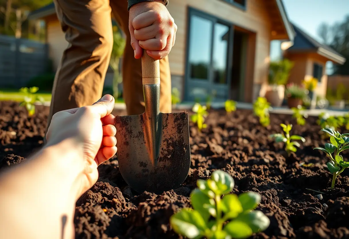 Main tenant un bin de jardinier près d'une maison bioclimatique
