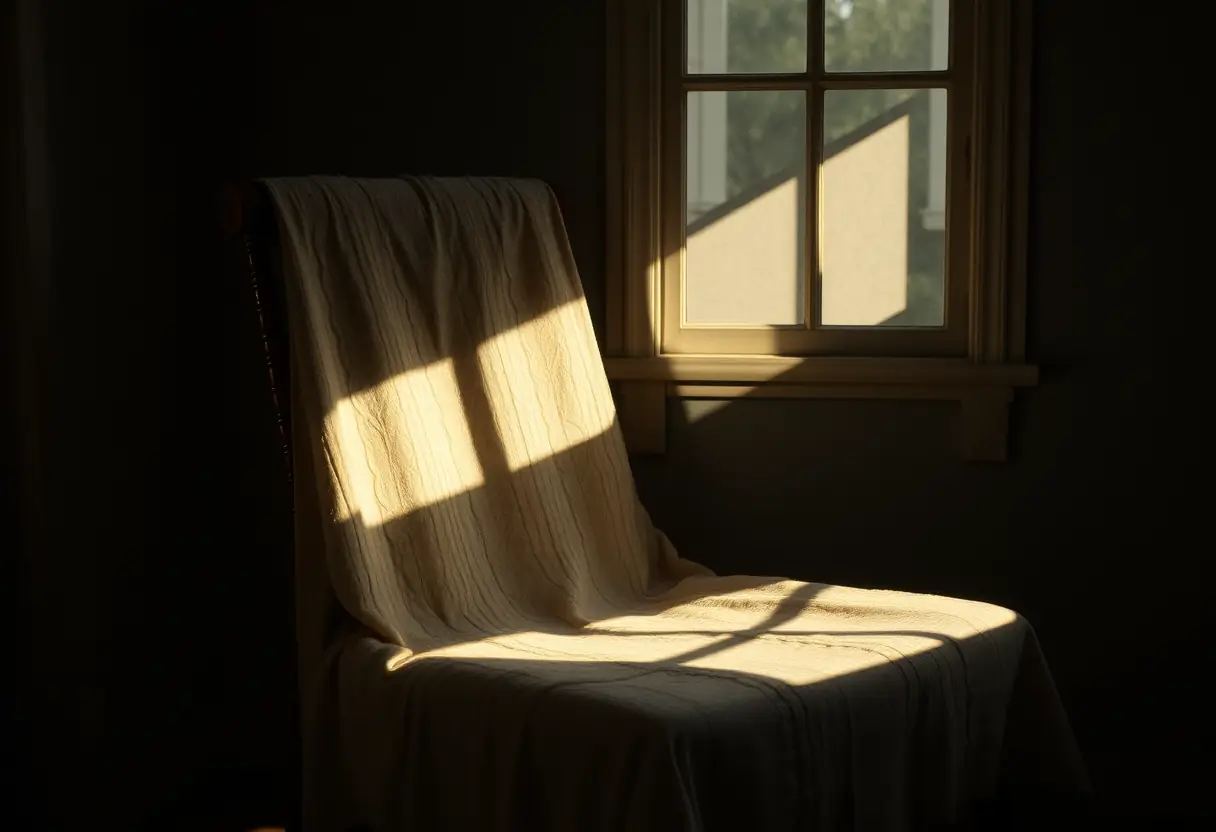 Un fauteuil en chêne dans une pièce sombre, recouvert d’un tissu beige usé
