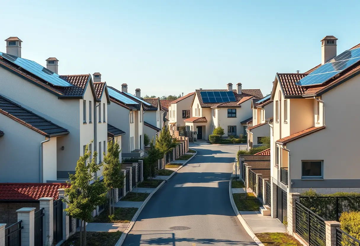 Rue résidentielle neuve à Béziers avec maisons équipées de panneaux solaires