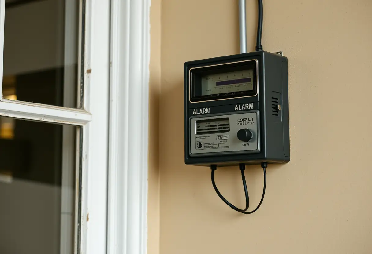 Une boîte d'alarme ancienne fixée au mur près d'une fenêtre