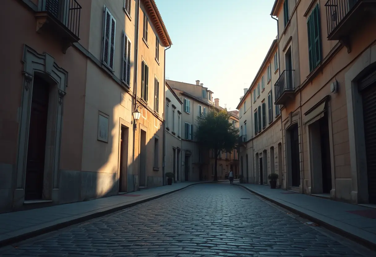 Rue pavée de Nîmes sous le soleil couchant, ombres et lumières se mêlent autour des maisons traditionnelles