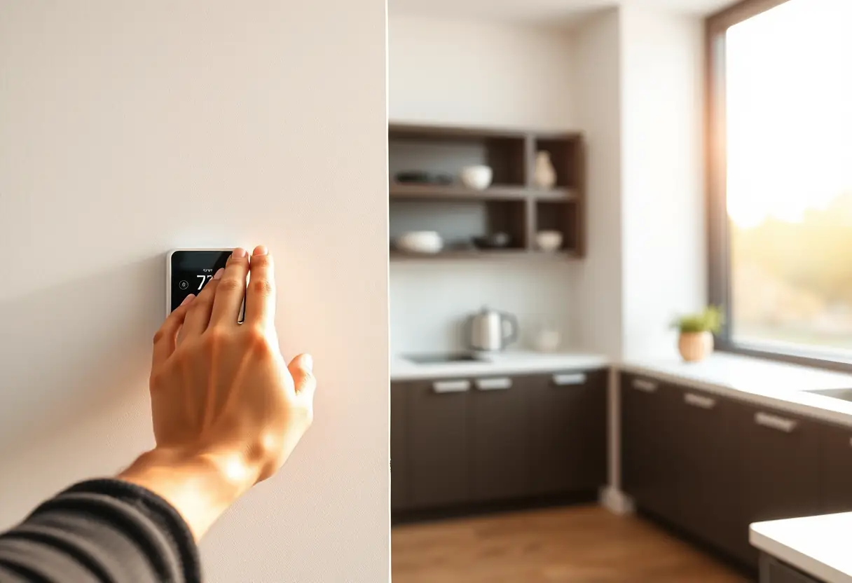 Une main pose un thermostat sur un mur dans une cuisine moderne