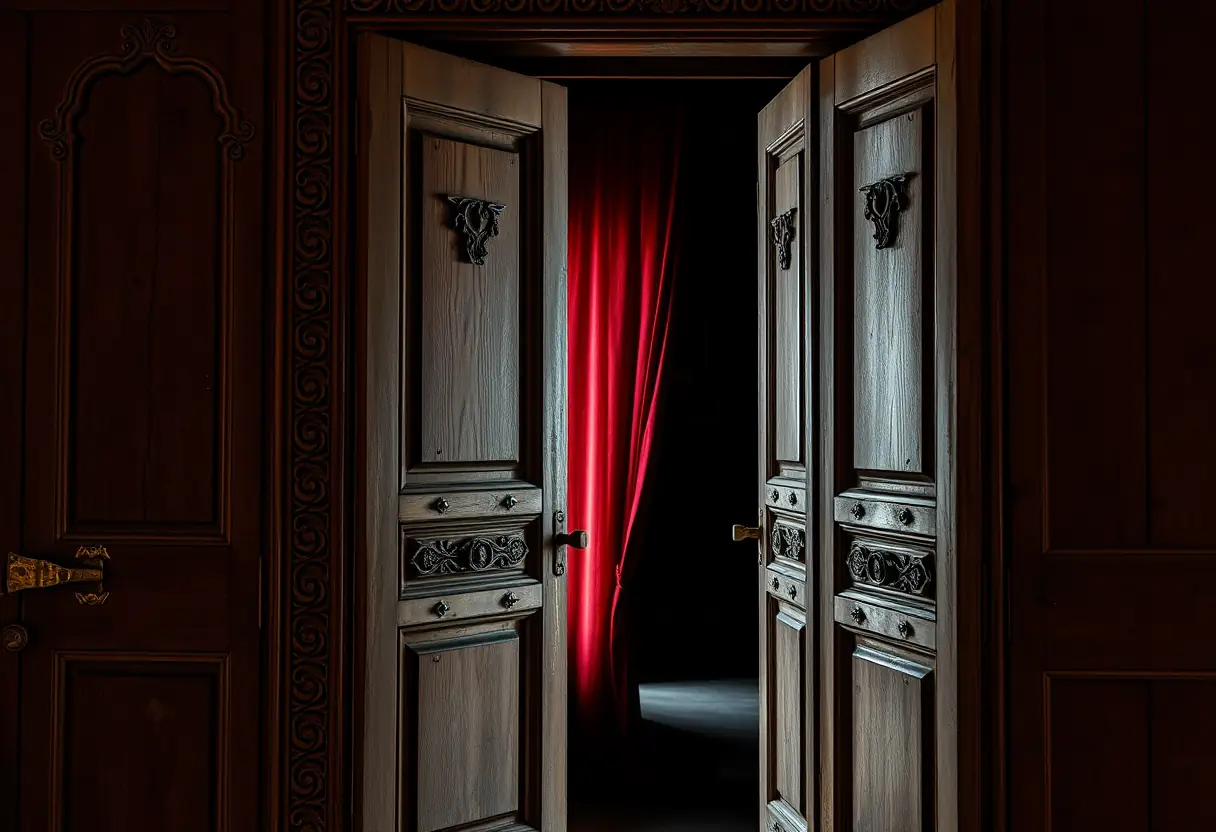Porte ancienne d'une maison close avec rideau rouge foncé