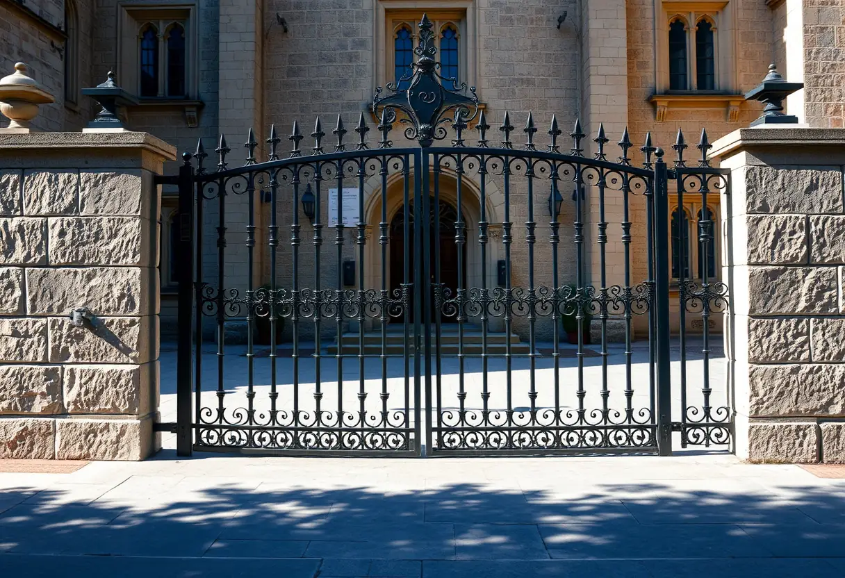 Grille en fer forgé devant un grand bâtiment en pierre historique, ombres projetées sur le sol