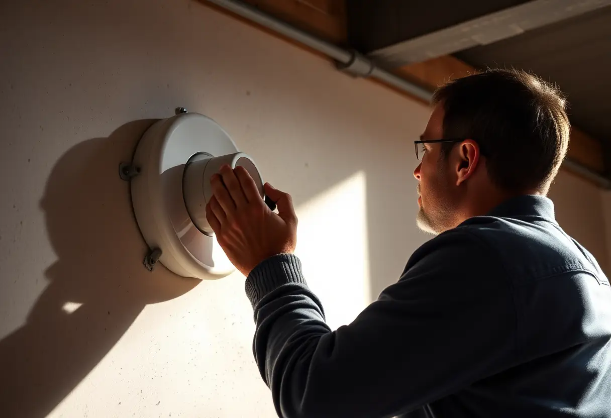 La lumière naturelle souligne la précision du travail d'un technicien installant un capteur circulaire sur un mur