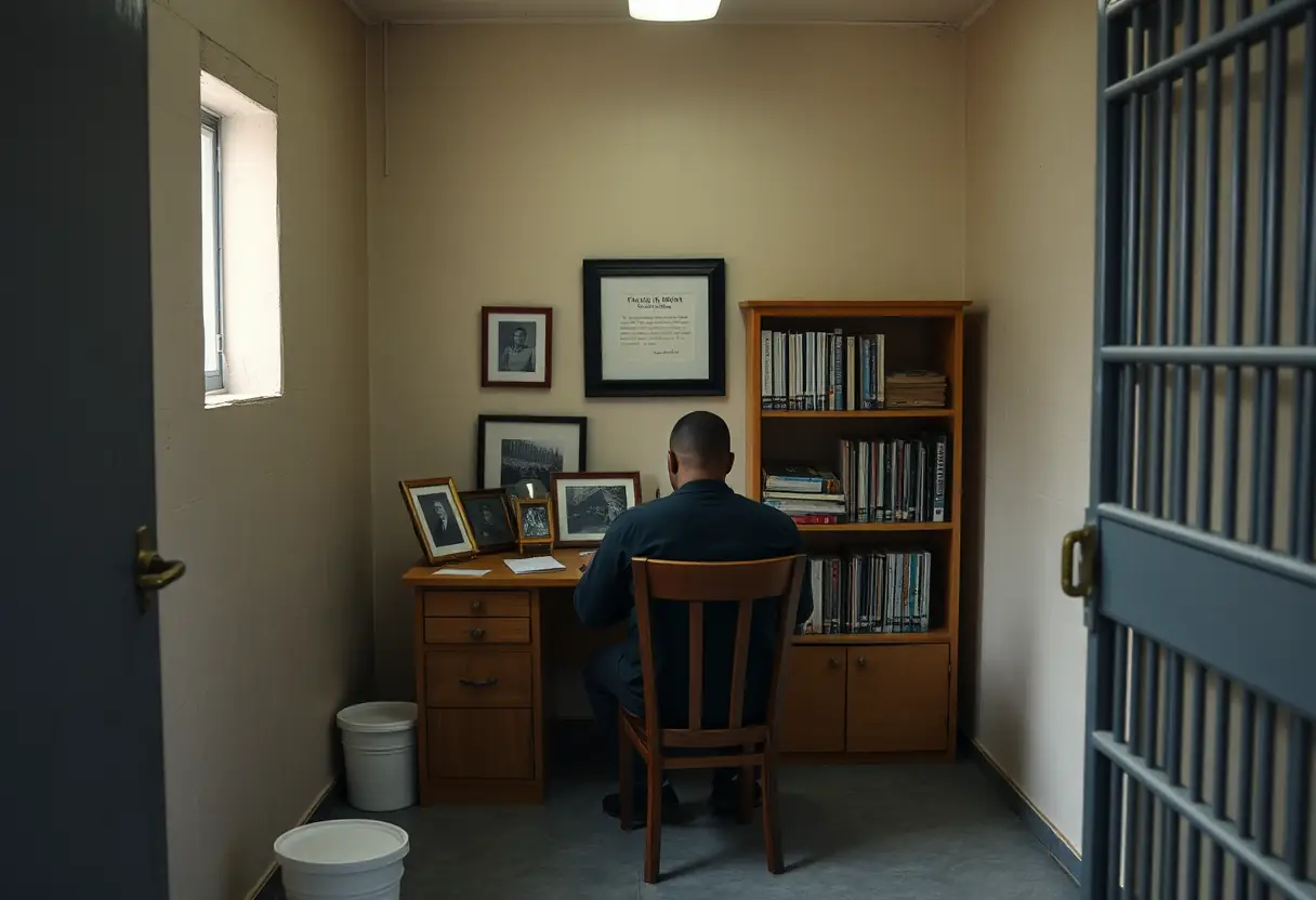 Un détenu travaille à son bureau dans sa cellule de prison