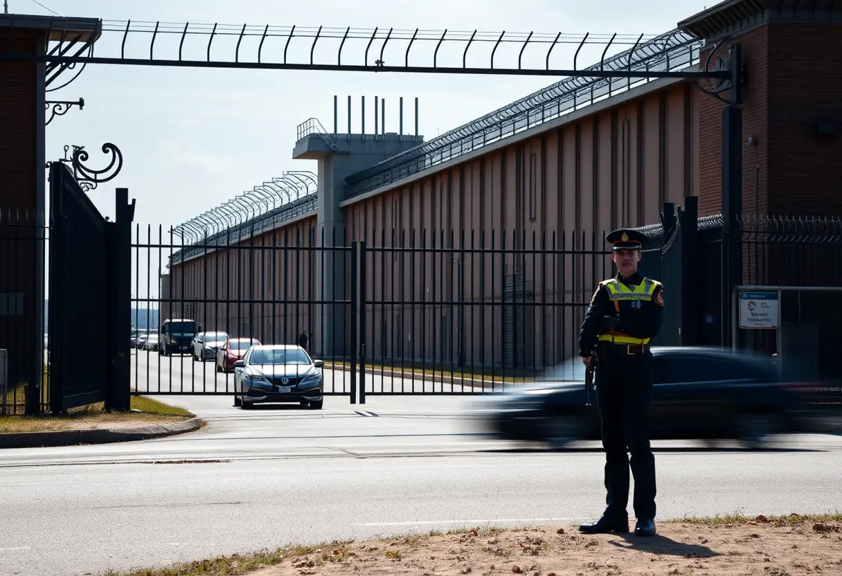 Gardien surveillant l'entrée de la prison, près de la route