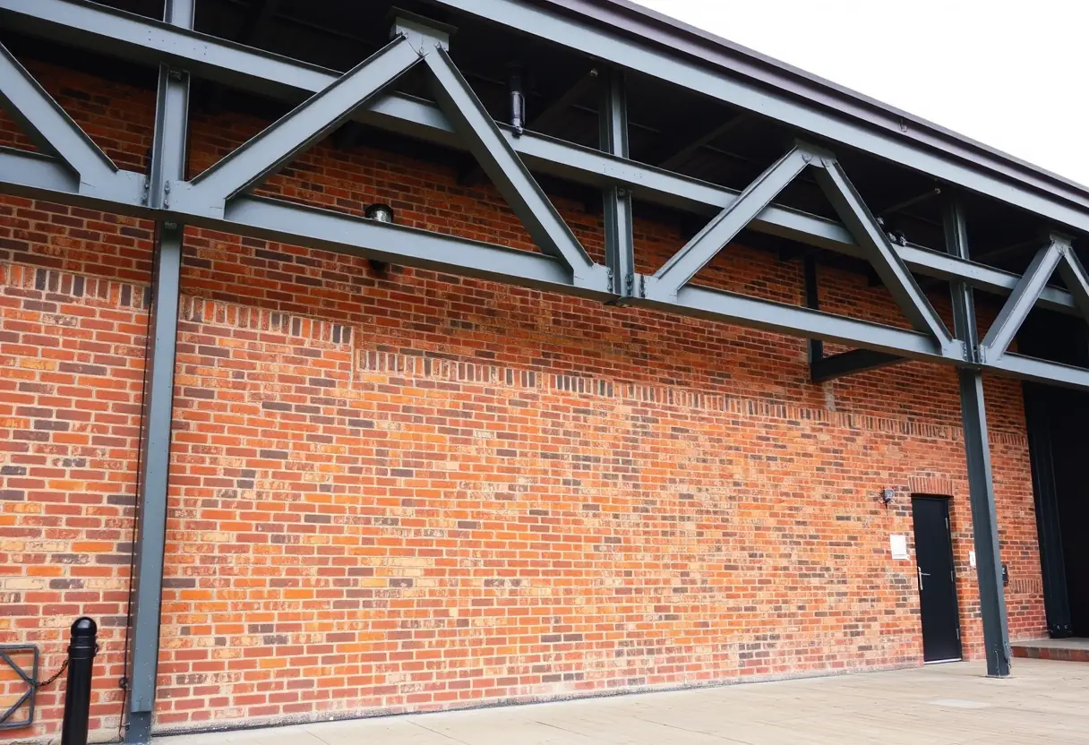 Un mur extérieur en brique avec des poutres métalliques soulignant le style moderne-industriel