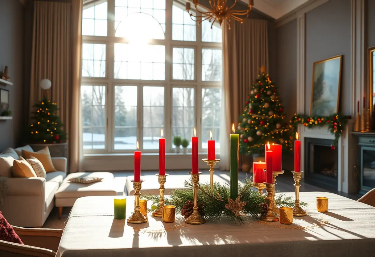 Table avec bougies rouges, vertes et dorées pour une ambiance de Noël