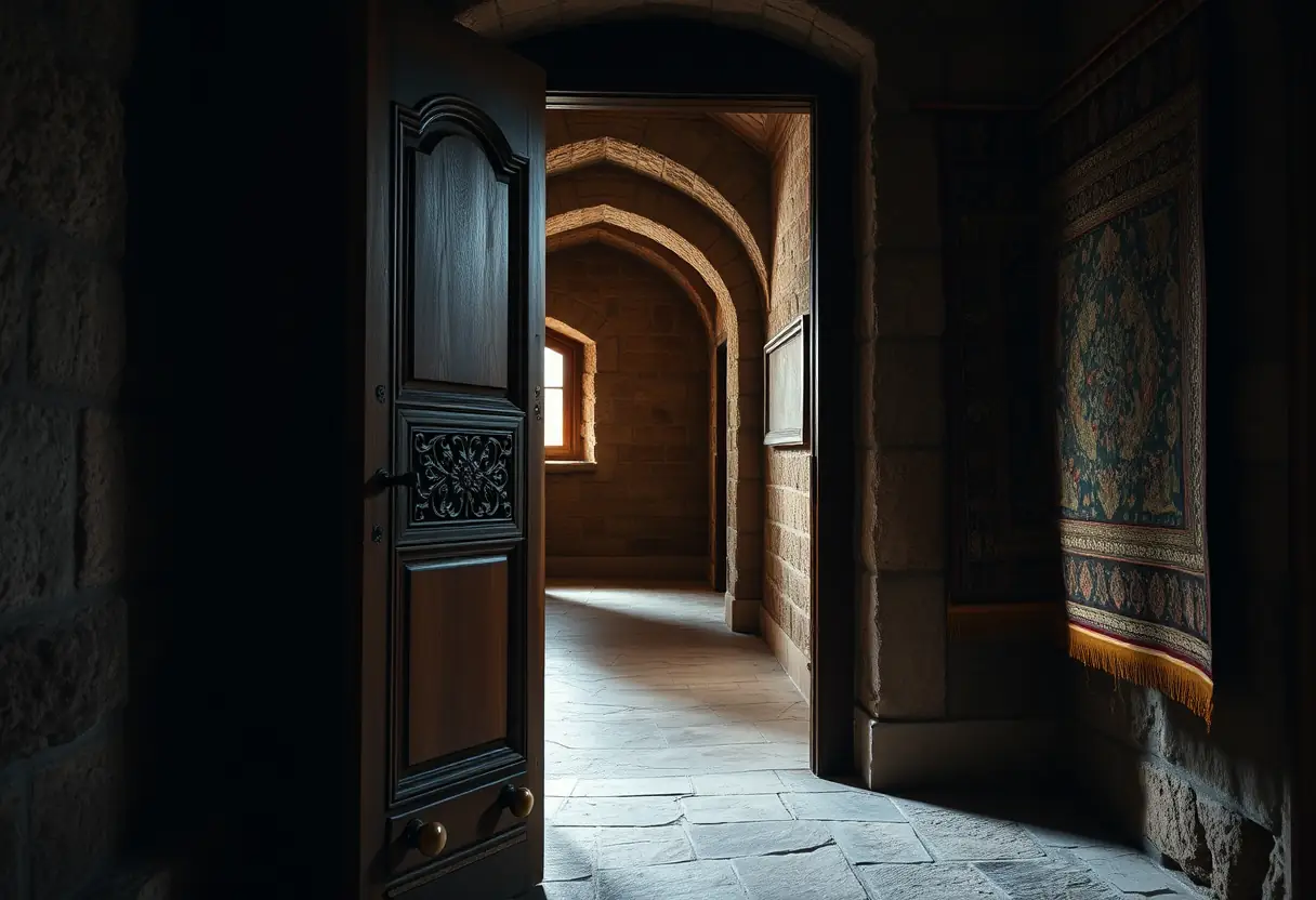 Une porte en bois sculpté s'ouvrant sur un couloir avec une tapisserie
