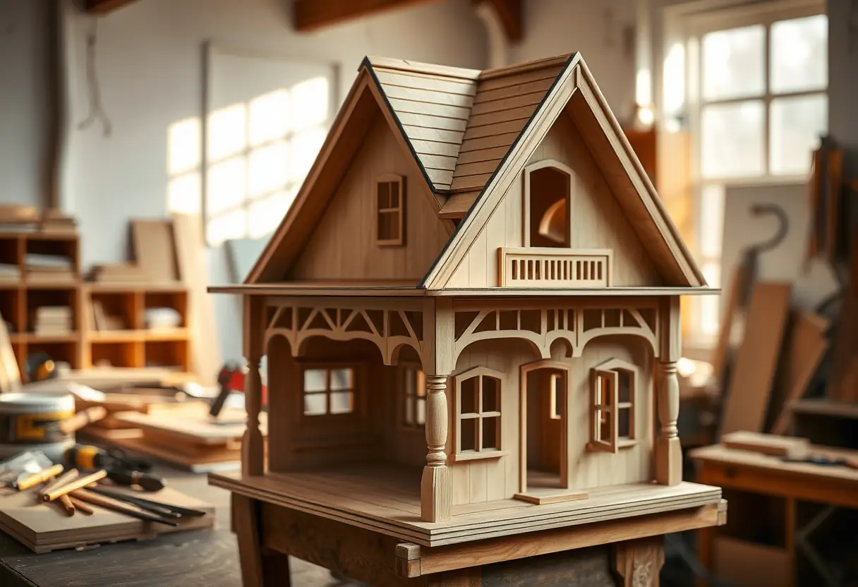Espace de travail avec une section terminée d'une maison de poupée en bois