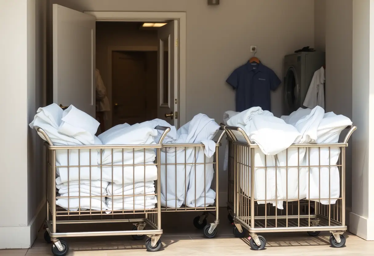 Carts remplis de linges propres devant une porte de lingerie
