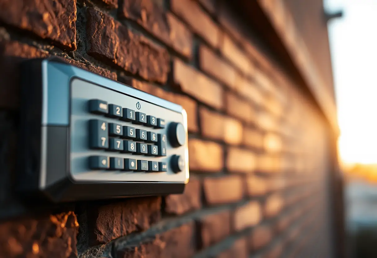 clavier de sécurité sur un mur en brique au coucher du soleil