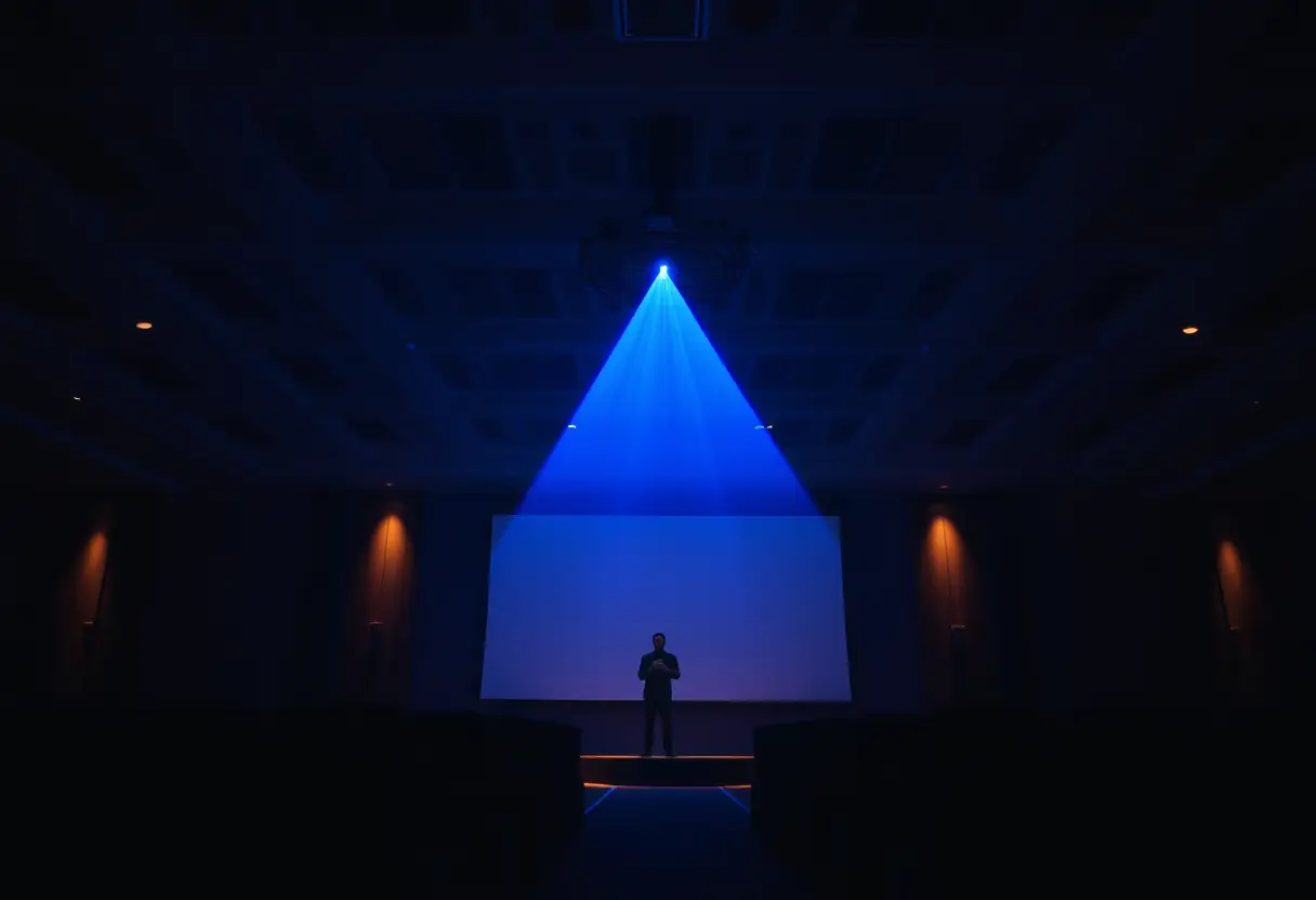Rayon bleu de lumière laser traversant le plafond d'une salle de conférence