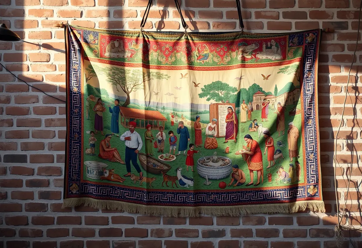 Une tapisserie colorée accrochée sur un mur en brique, montrant des scènes de la vie quotidienne dans différents contextes culturels