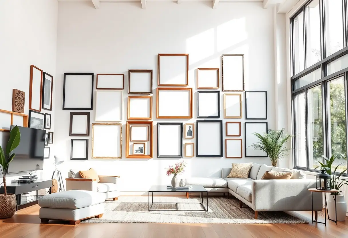 Un salon moderne avec divers cadres accrochés sur un mur blanc