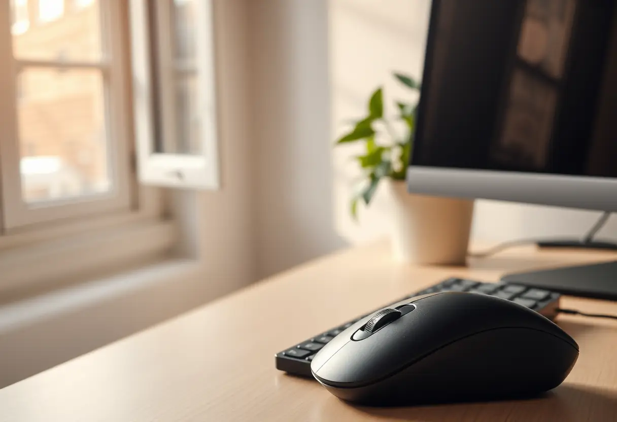 Une souris et un clavier d'ordinateur sur un bureau avec une plante en pot