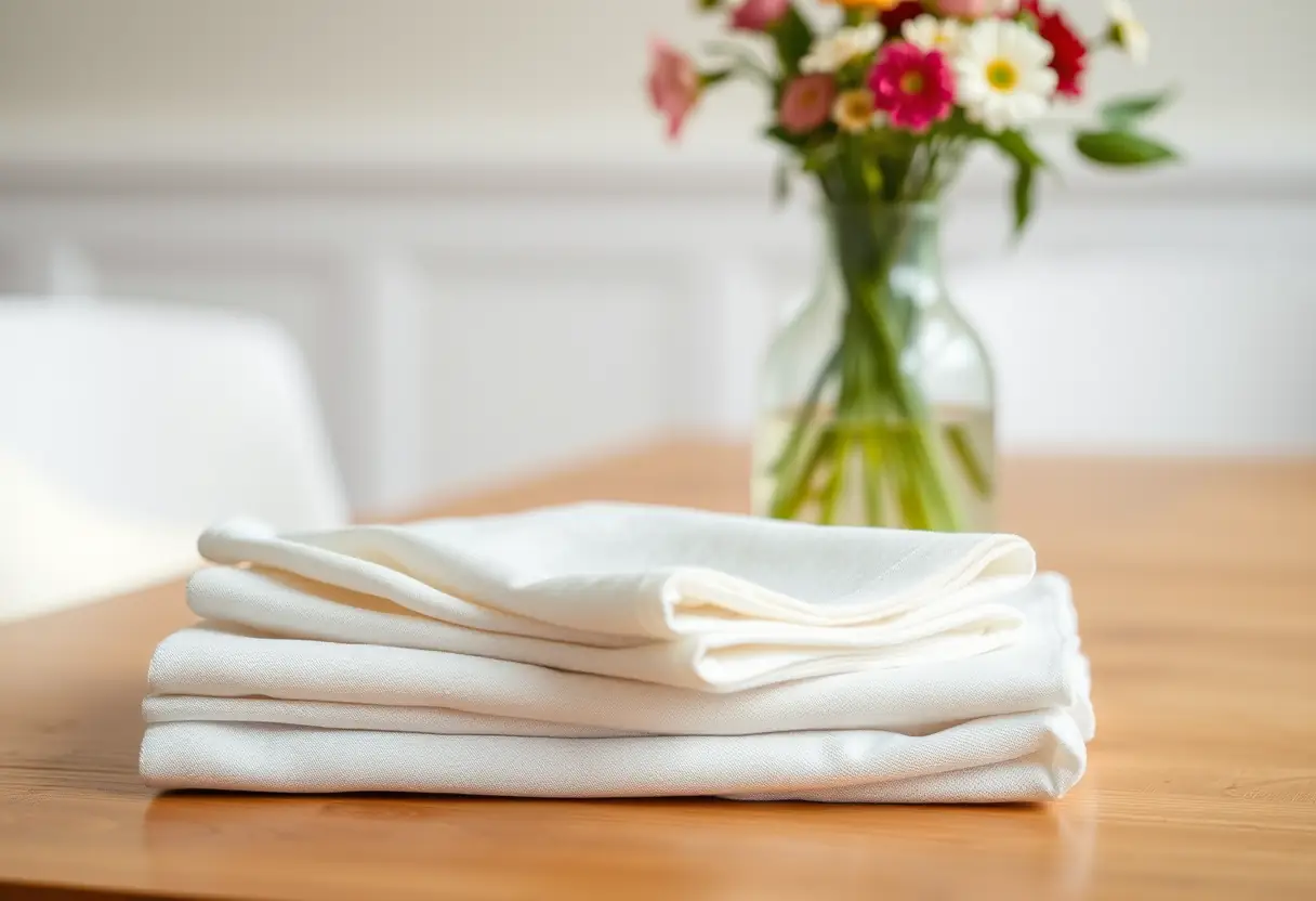 Des serviettes en lin pliées sur une table de cuisine avec une vasque de fleurs fraîches