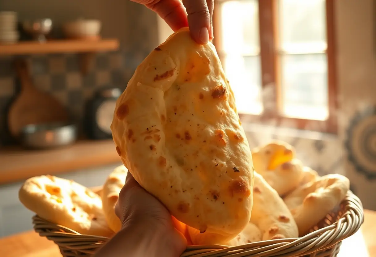 Pain naan chaud sorti d'un panier, cuisine traditionnelle