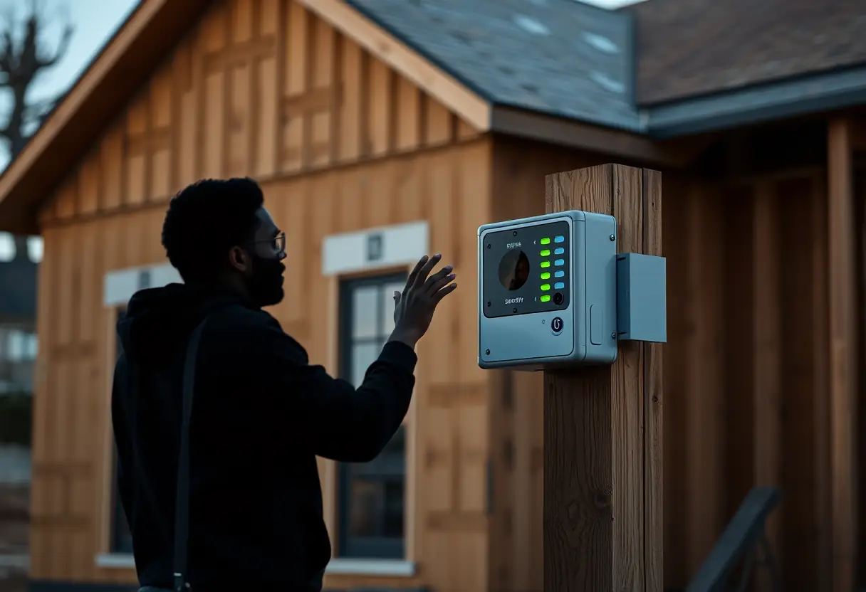 Une silhouette vérifie le système d'alarme installé près d'une maison en construction