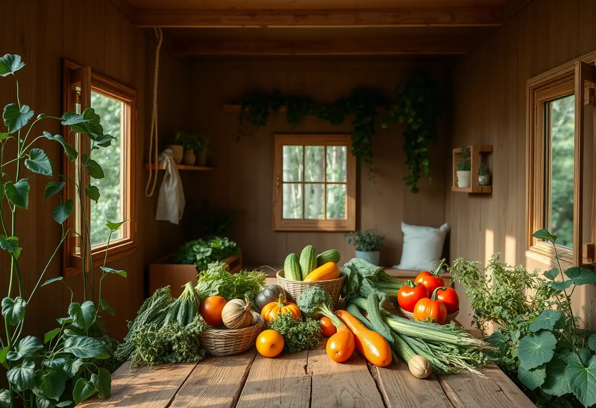 Un intérieur de maison en carton avec une table remplie de légumes frais, construction écologique