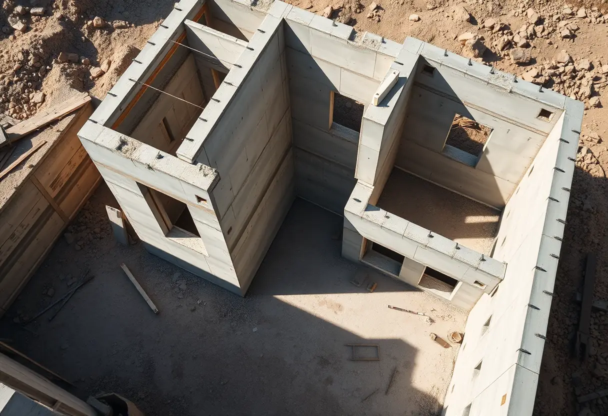 Vue aérienne d'une maison partiellement construite avec des murs en béton imprimés