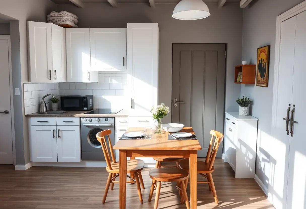 Un appartement de deux pièces accueillant, avec une petite cuisine aux placards blancs et une table de salle à manger en bois pour deux personnes