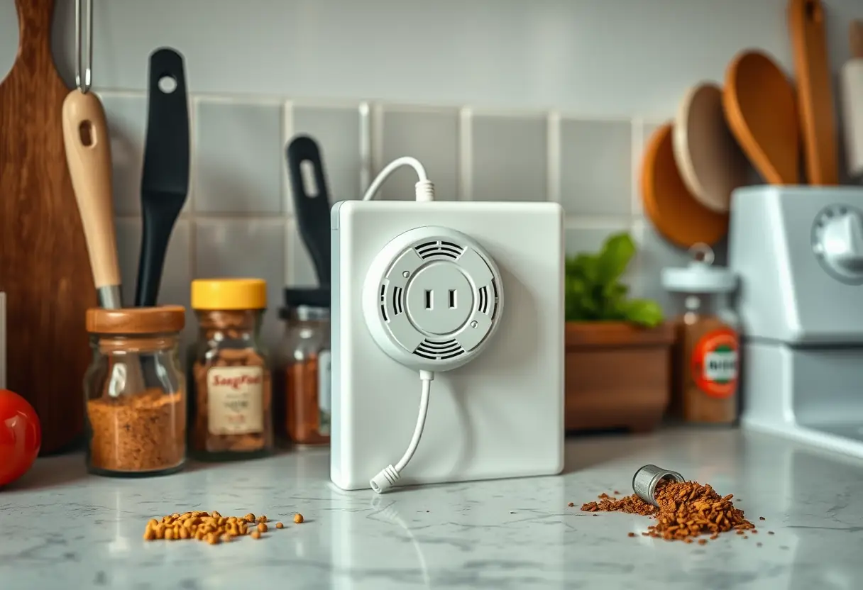 Un plan de travail de cuisine avec un détecteur de fumée filaire branché sur une prise, entouré d'ustensiles de cuisine et d'épices