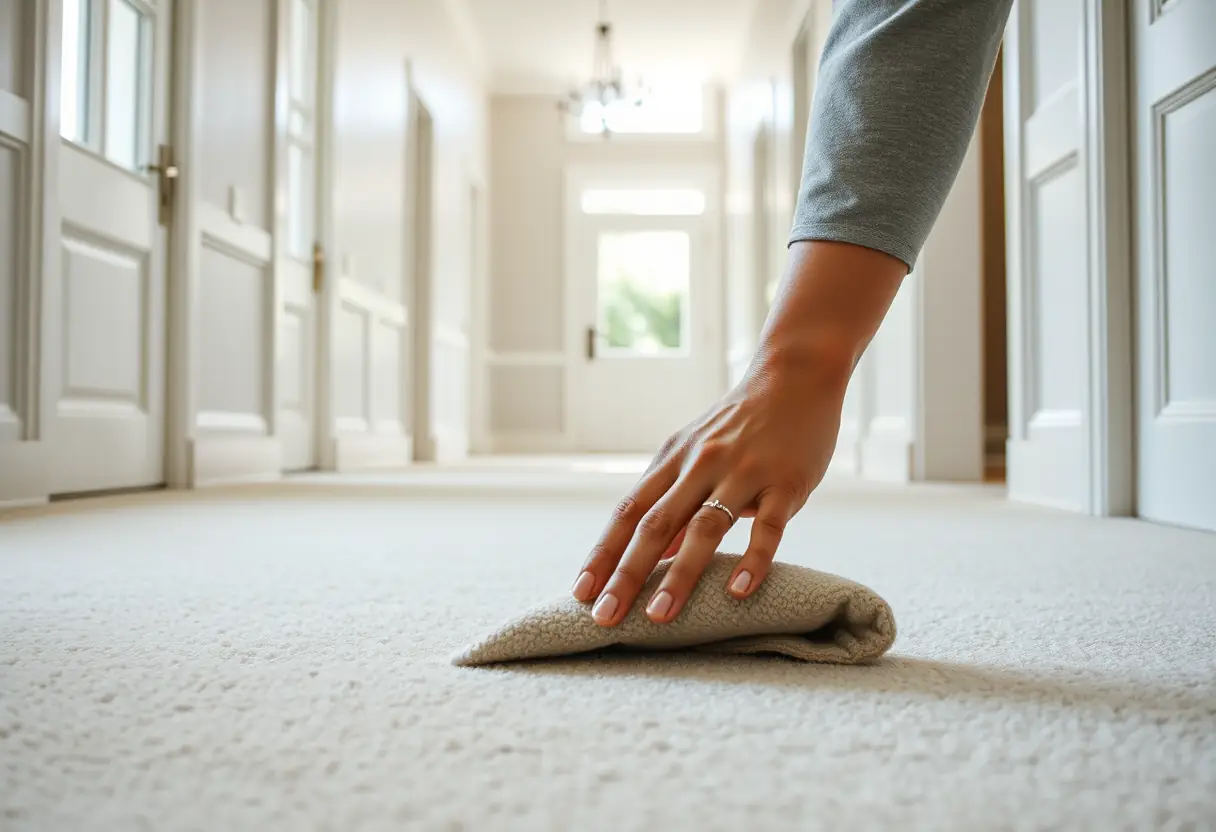 Une main qui étire un tapis neuf dans un couloir spacieux