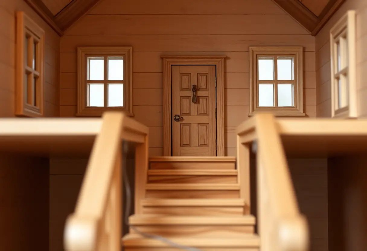 Un escalier en bois menant à la mansarde d'une maison de poupées pour Barbie