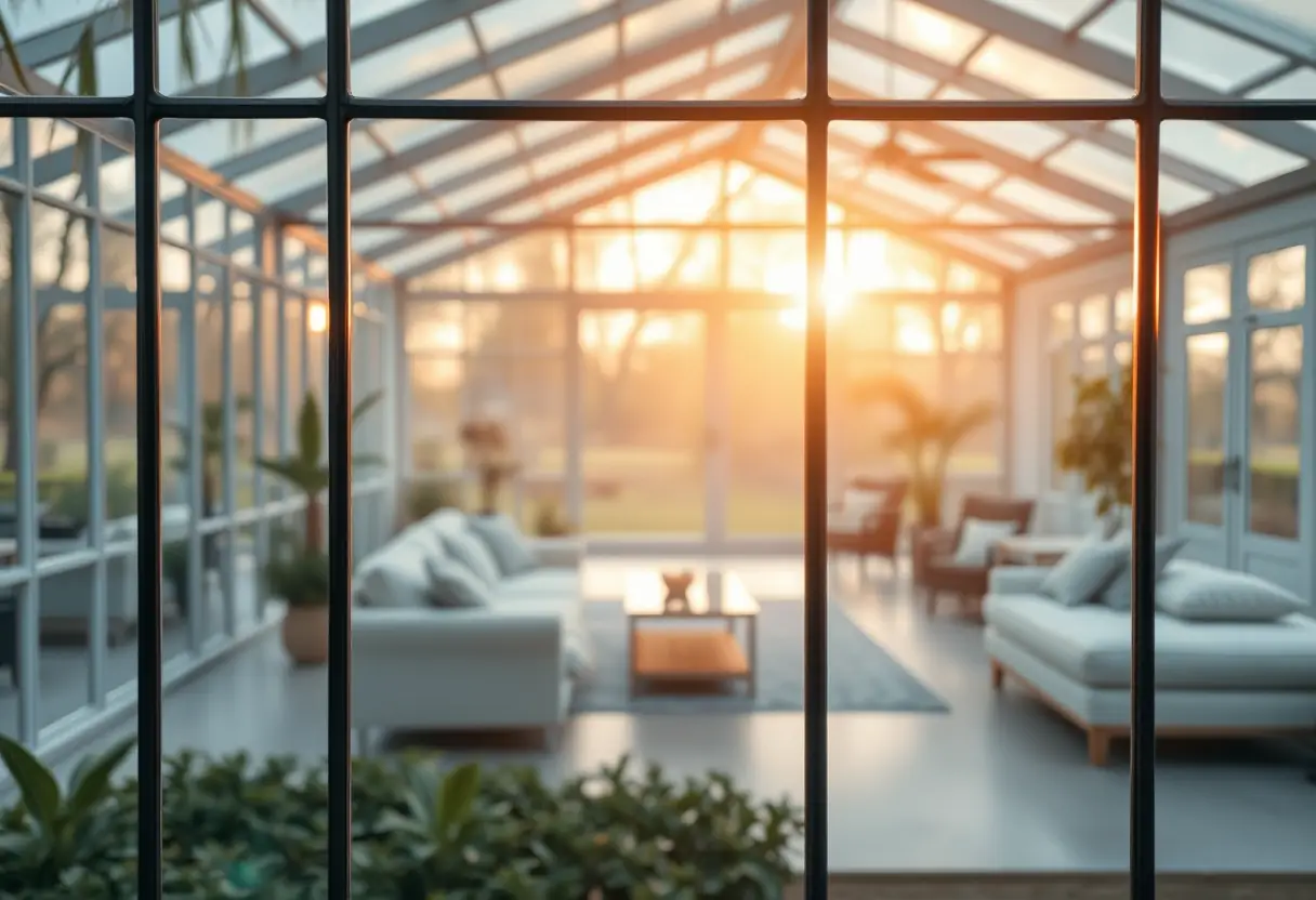 Des vitres teintées réfléchissant la lumière du matin dans une maison serre