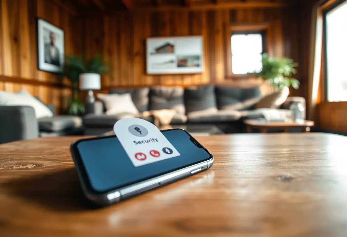 Smartphone affichant une interface d'application de sécurité sur une table basse dans un salon, éclairé par la lumière du jour