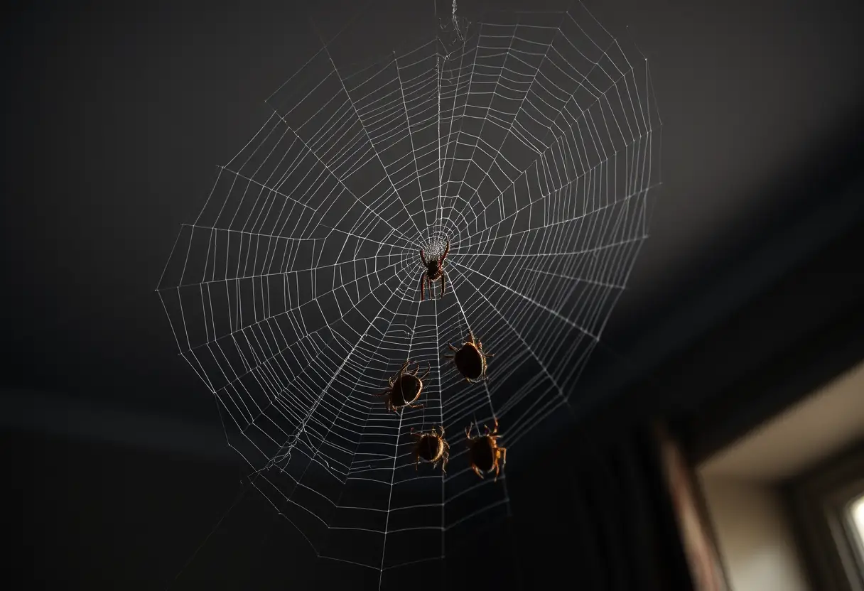 Un filet de toiles d'araignée avec des mille-pattes morts dans une pièce obscure