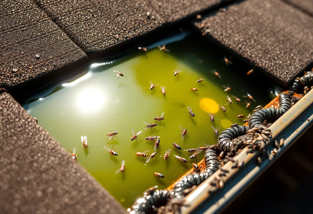 Mouches sur unégouttoir bouché plein d'eau stagnante sur le toit d'une maison