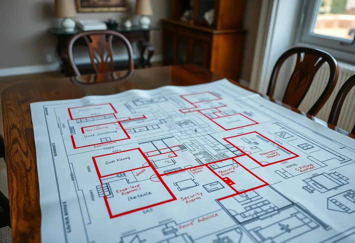 Des plans étalés sur une table de cuisine, indiquant la disposition des alarmes et des mouchérons dans la maison