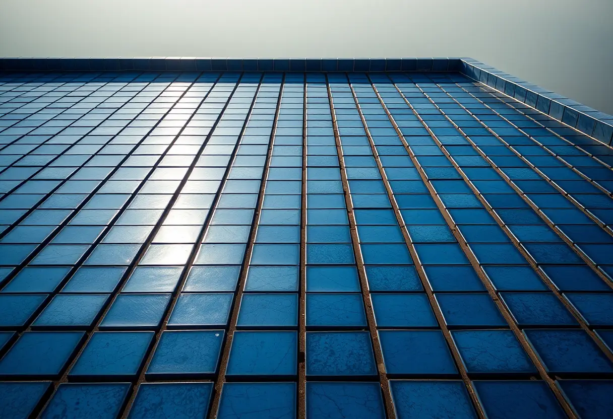 Des tuiles bleues disposées sur le toit d'une maison, éclairées par le soleil