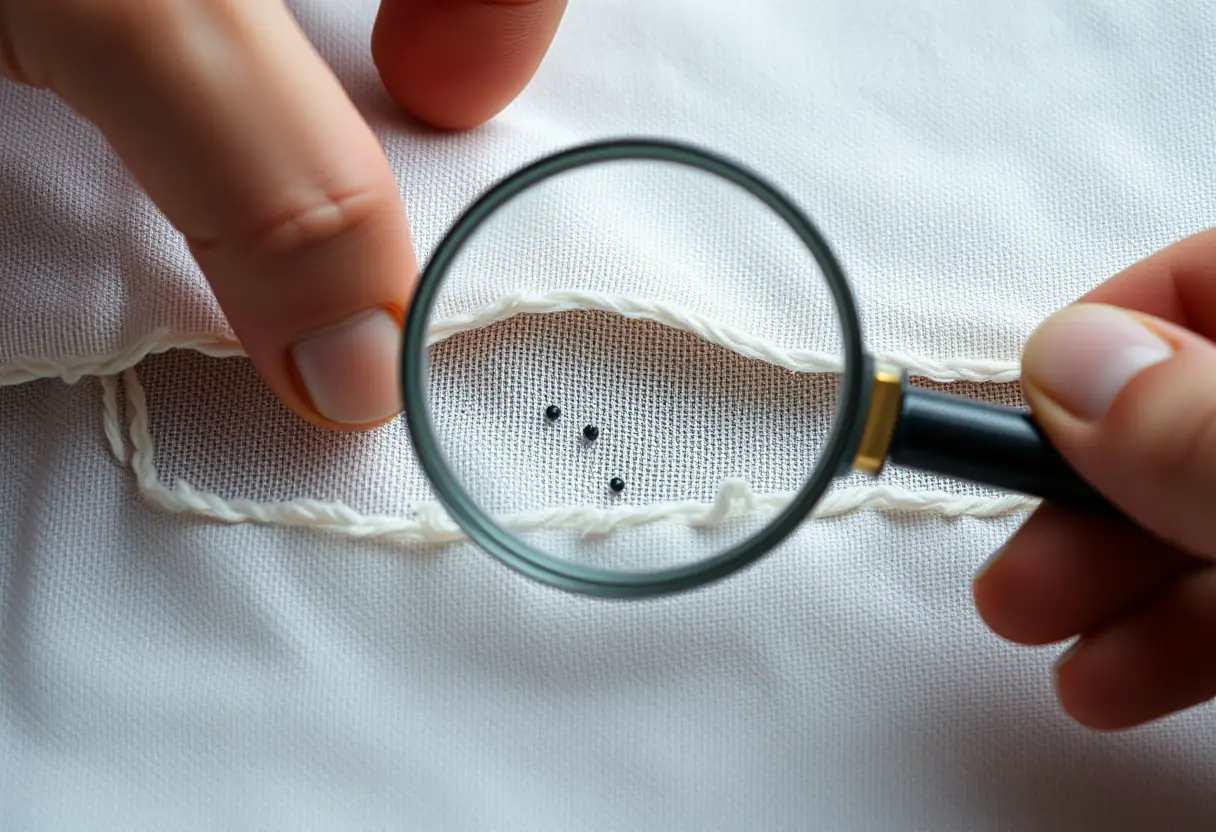 Main de cuir examinant du tissu déchiré avec loupe