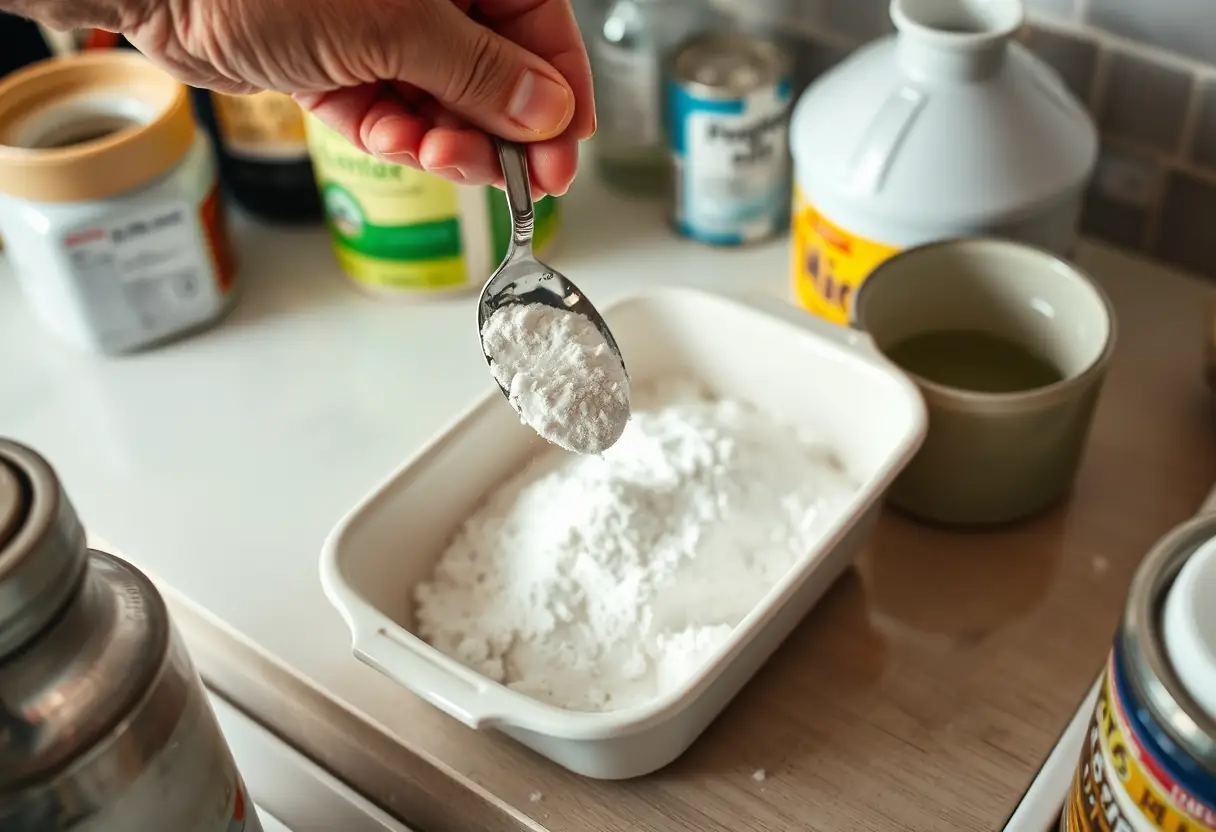 Une main verse du borax dans un récipient sur un comptoir de cuisine