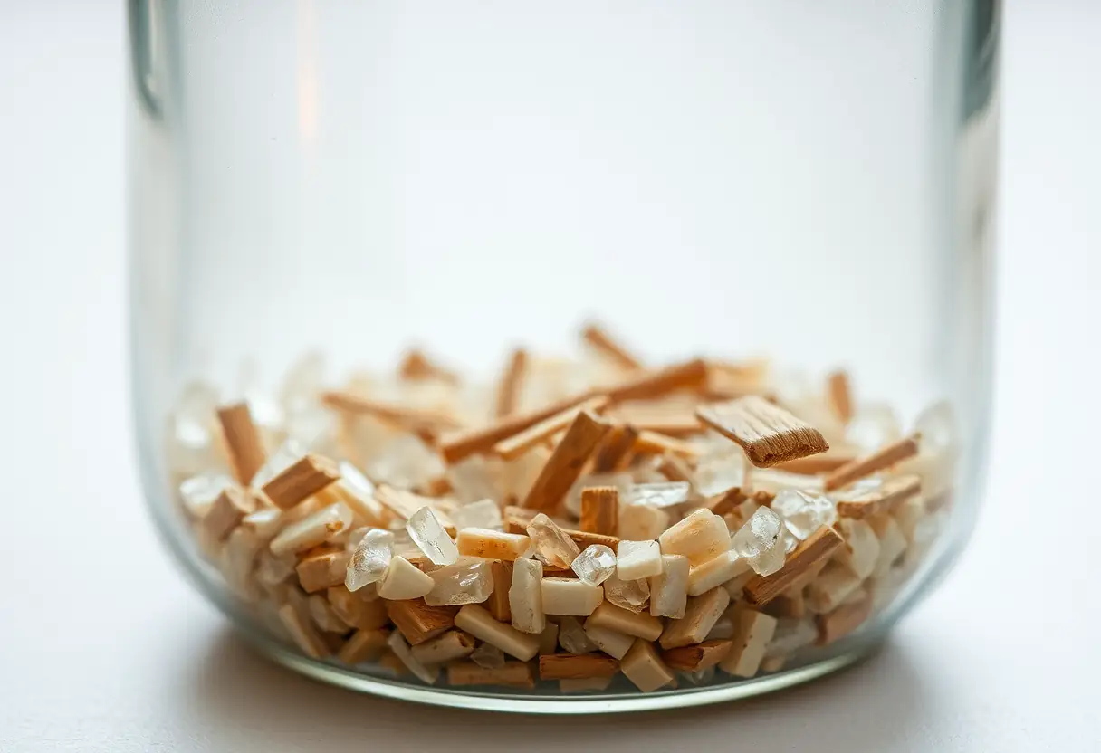 Particules de verre et copeaux de bois au fond d'un conteneur de piège à mouches