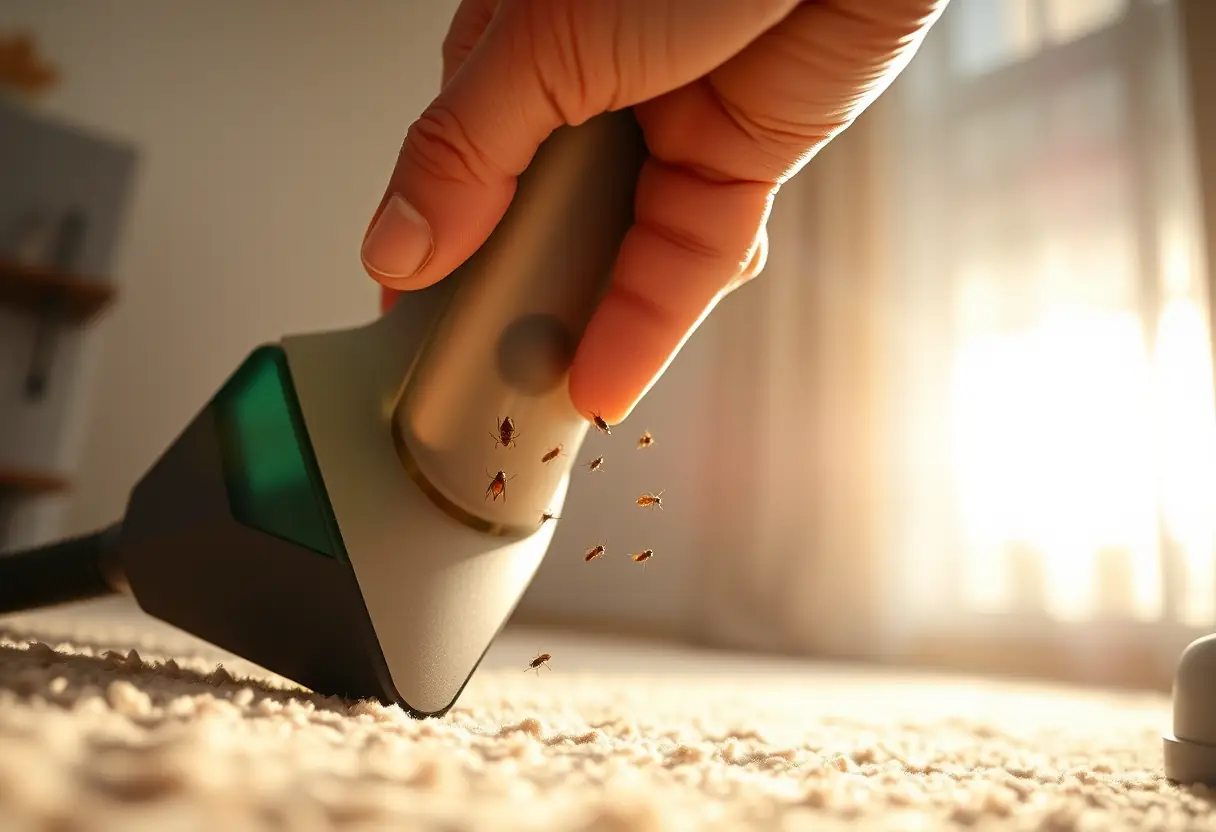 Main tenant un aspirateur au-dessus d'un tapis infesté de punaises brunes