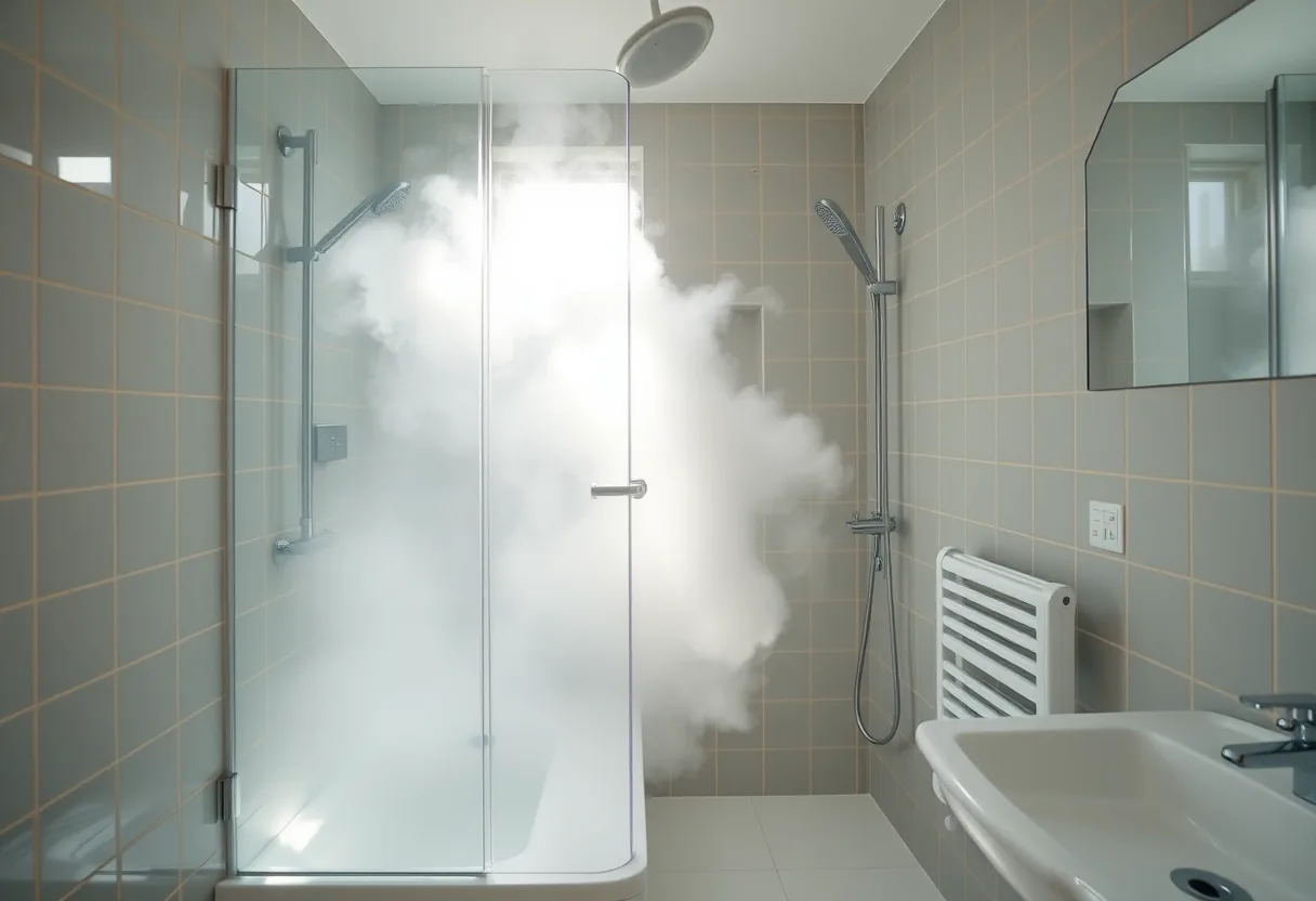 Salle de bains avec vapeur provenant de la douche
