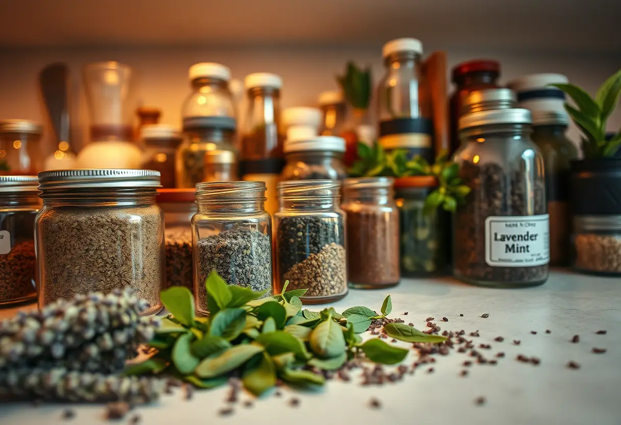 Un plan de travail de cuisine avec des herbes et épices pour repousser les fourmis