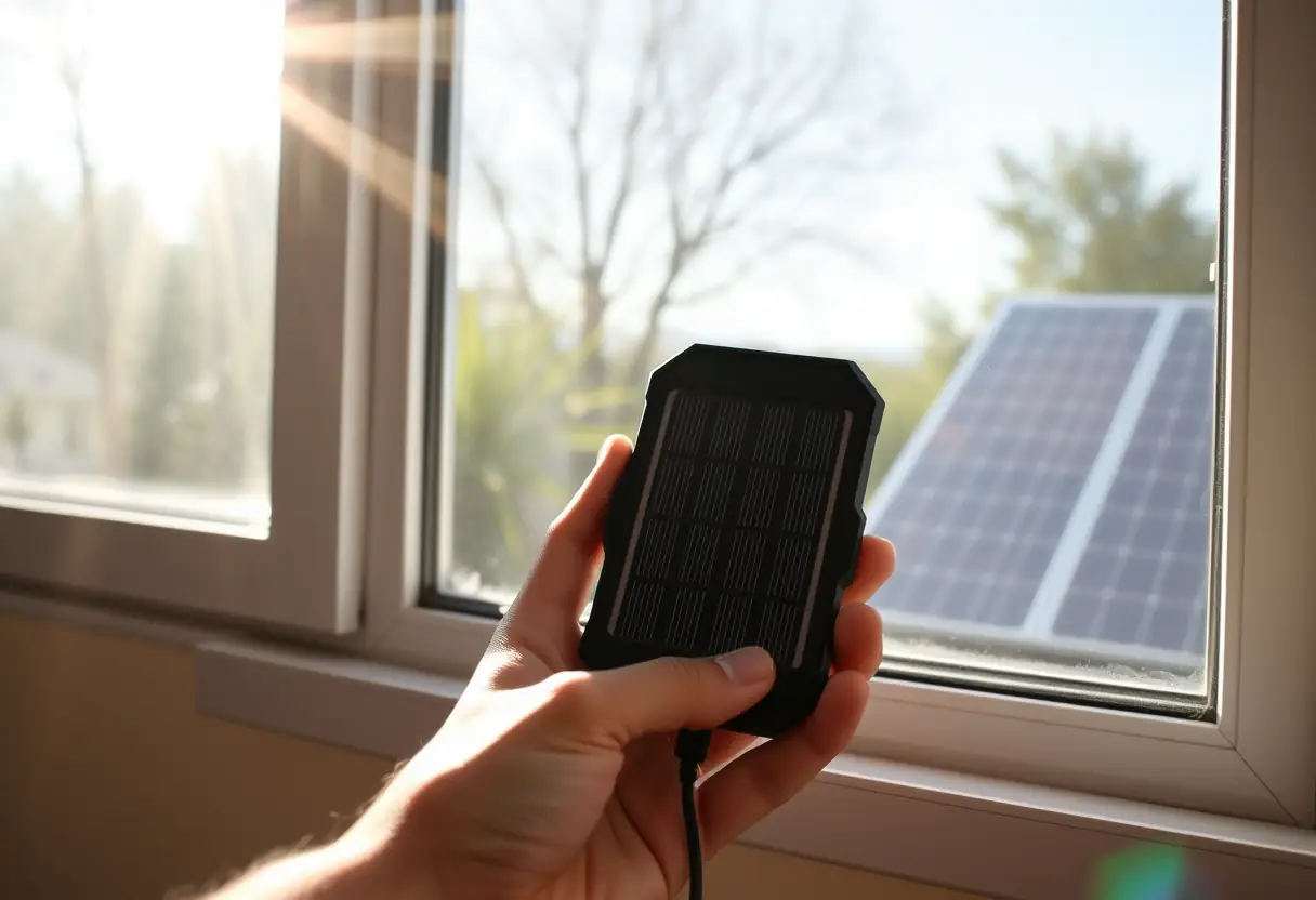Une main chargeant une batterie solaire pour une sirène